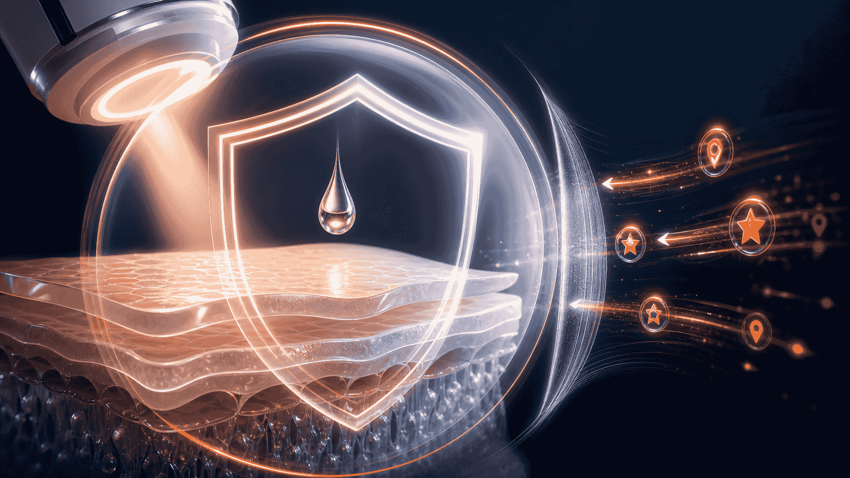 Clinical skin layers and a treatment droplet enclosed by a transparent safety and credential shield