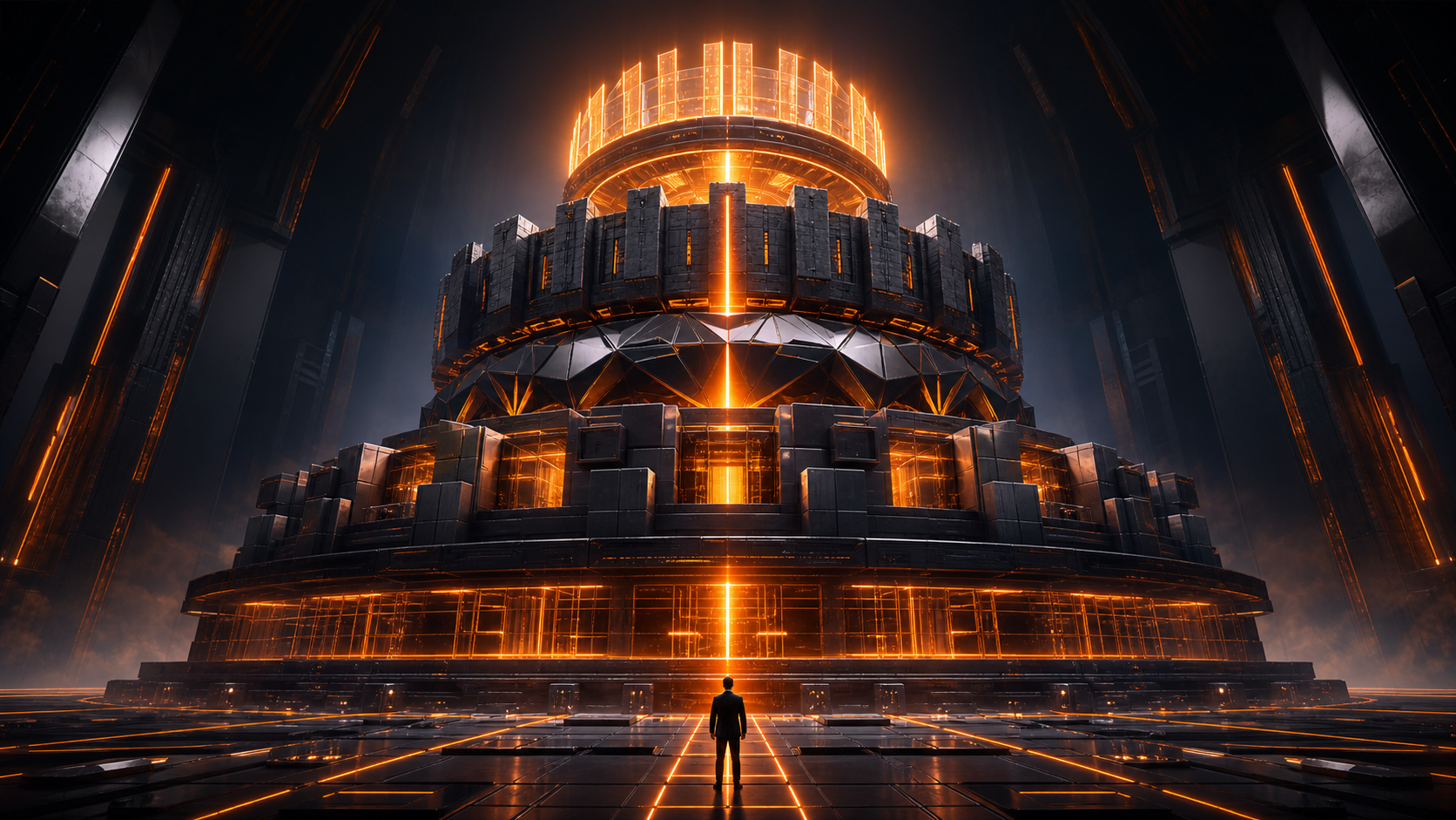 Five-tier AI visibility framework rising from a glowing technical foundation toward a measurement crown