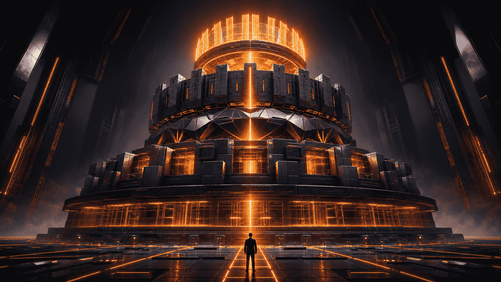 Five-tier AI visibility framework rising from a glowing technical foundation toward a measurement crown
