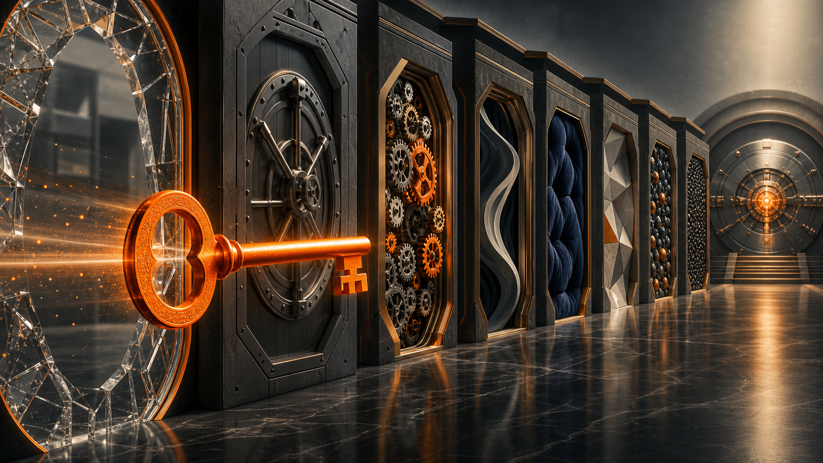 An orange procurement key passing through seven rigorous security gates