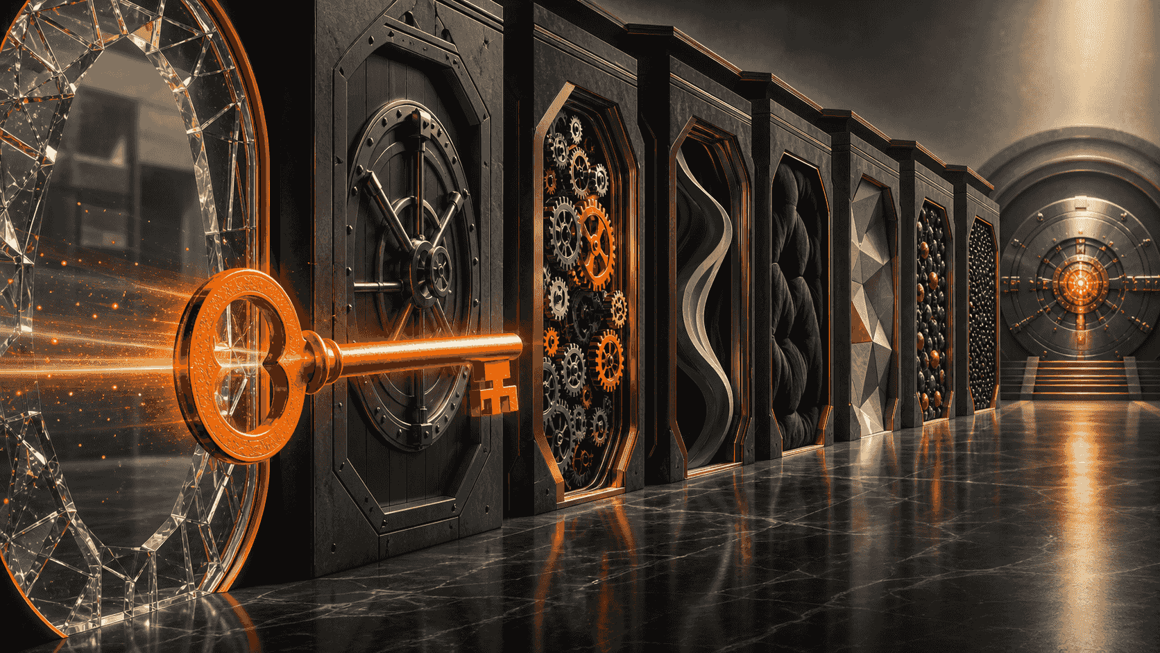 An orange procurement key passing through seven rigorous security gates