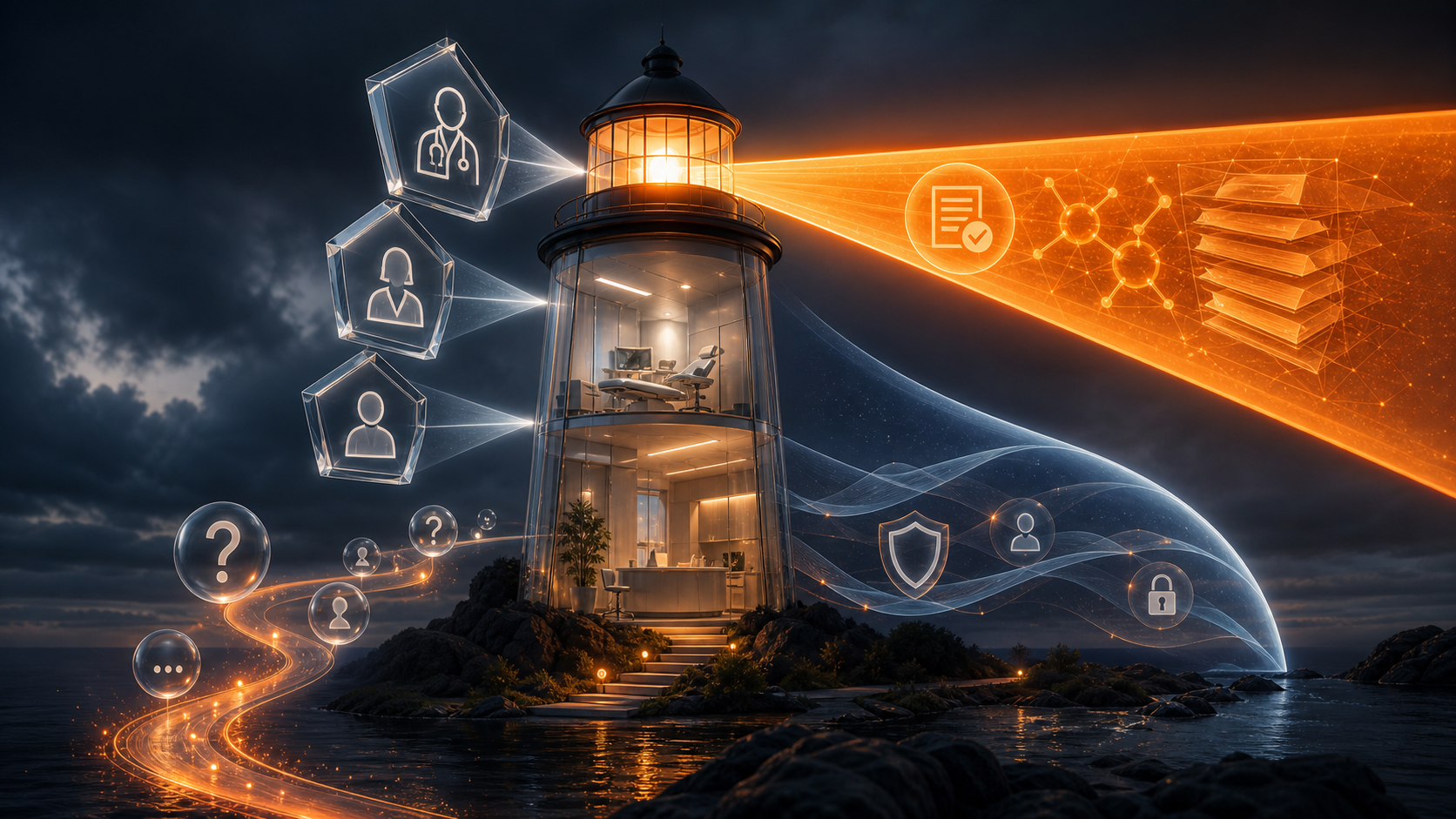 A private clinic care lighthouse projecting a medically reviewed evidence beam
