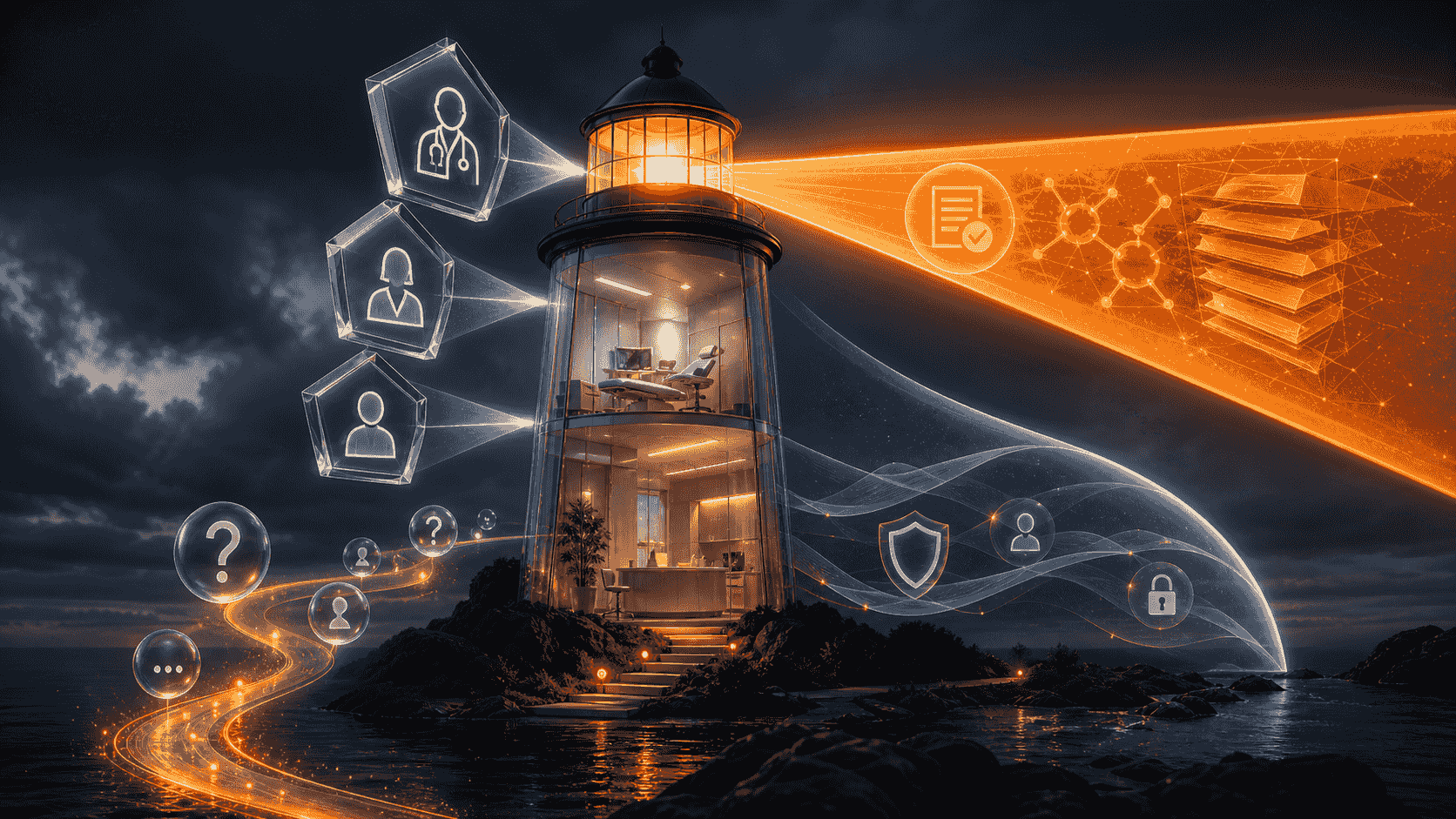 A private clinic care lighthouse projecting a medically reviewed evidence beam