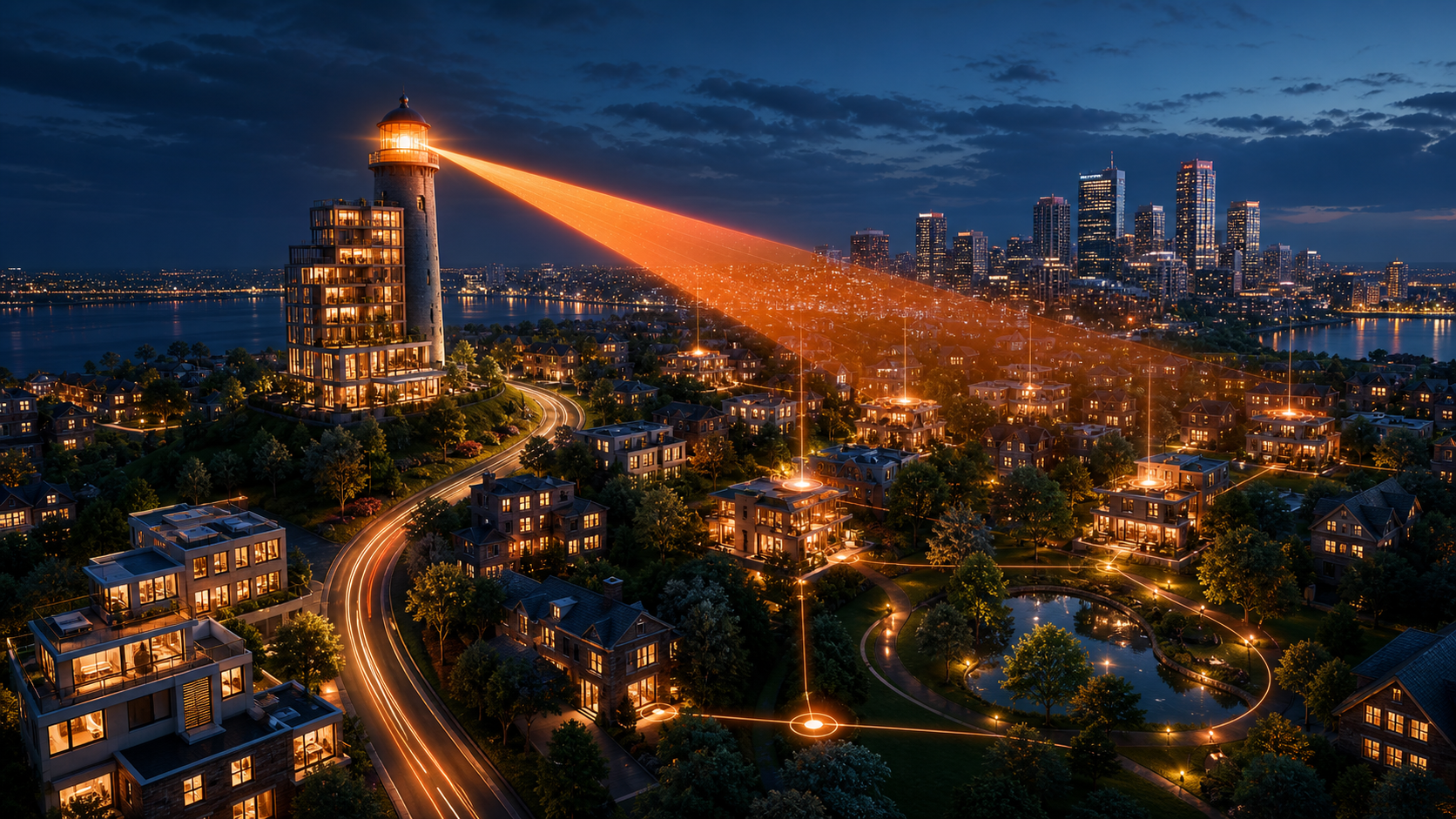 An orange search lighthouse illuminating an evidence-linked residential neighbourhood