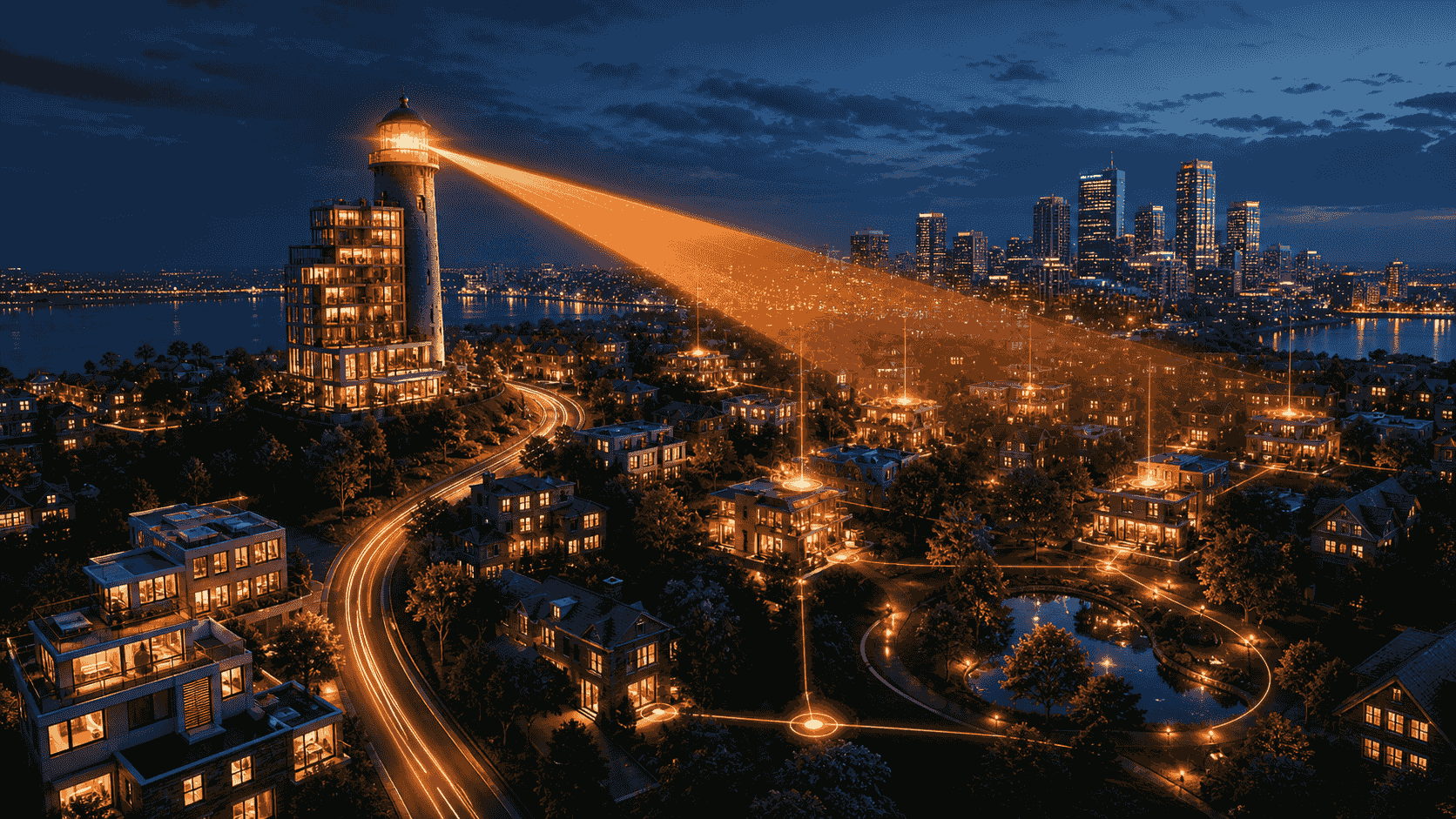 An orange search lighthouse illuminating an evidence-linked residential neighbourhood