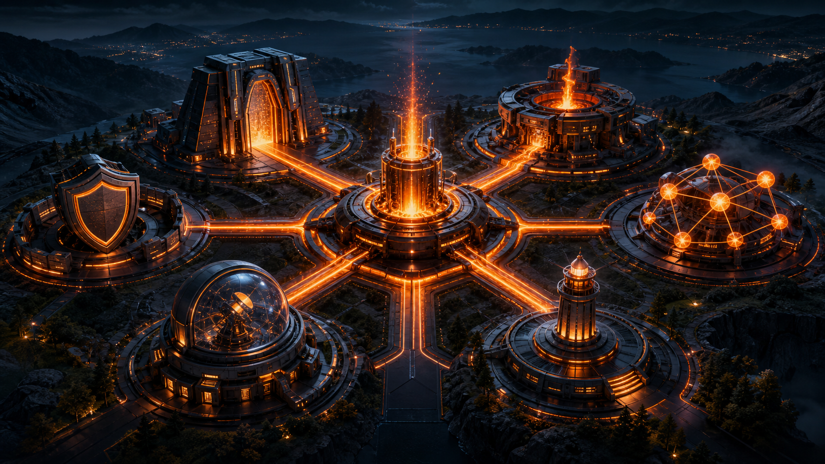 A connected campus with technical, content, entity, authority, measurement and governance wings