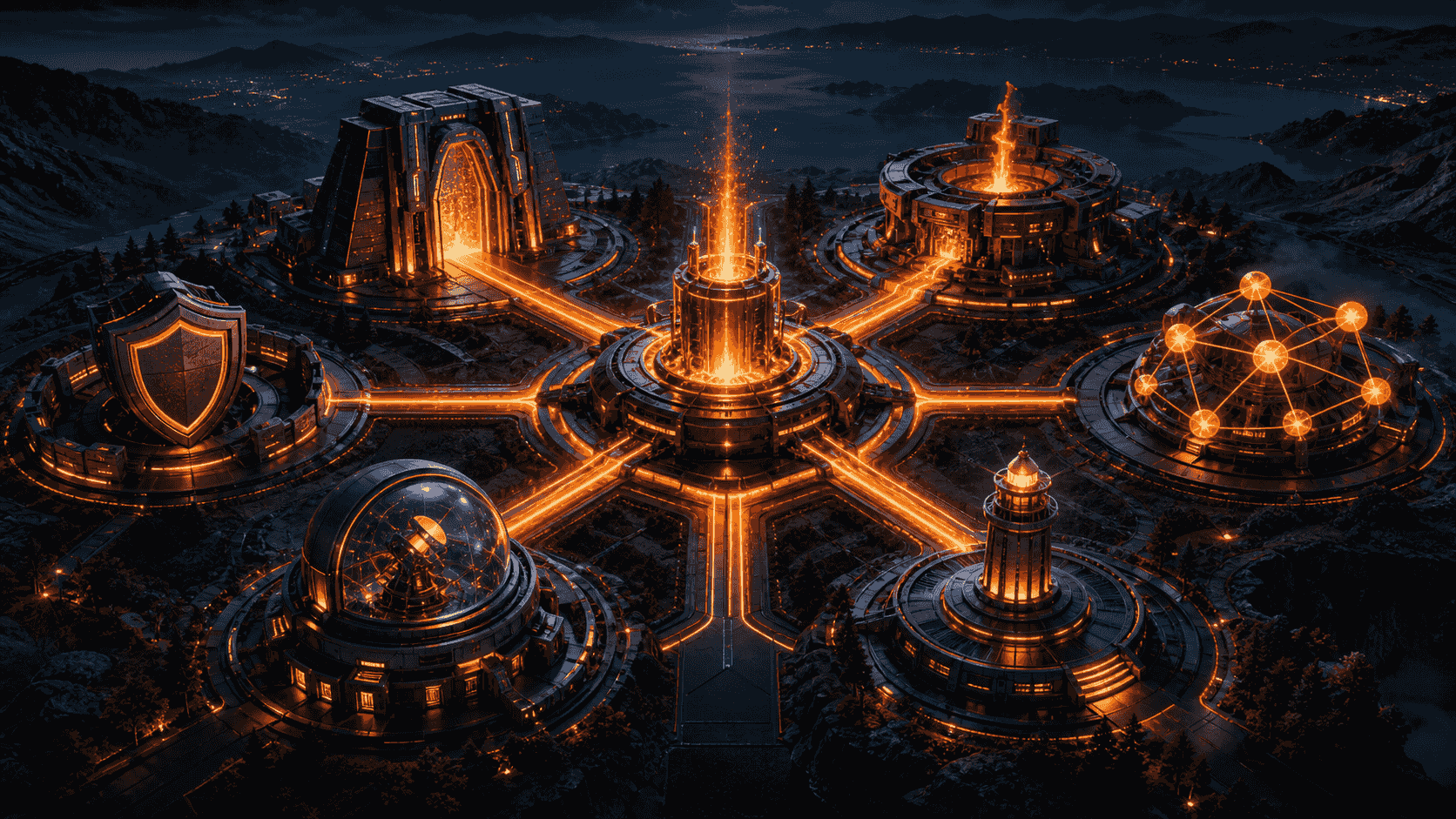 A connected campus with technical, content, entity, authority, measurement and governance wings