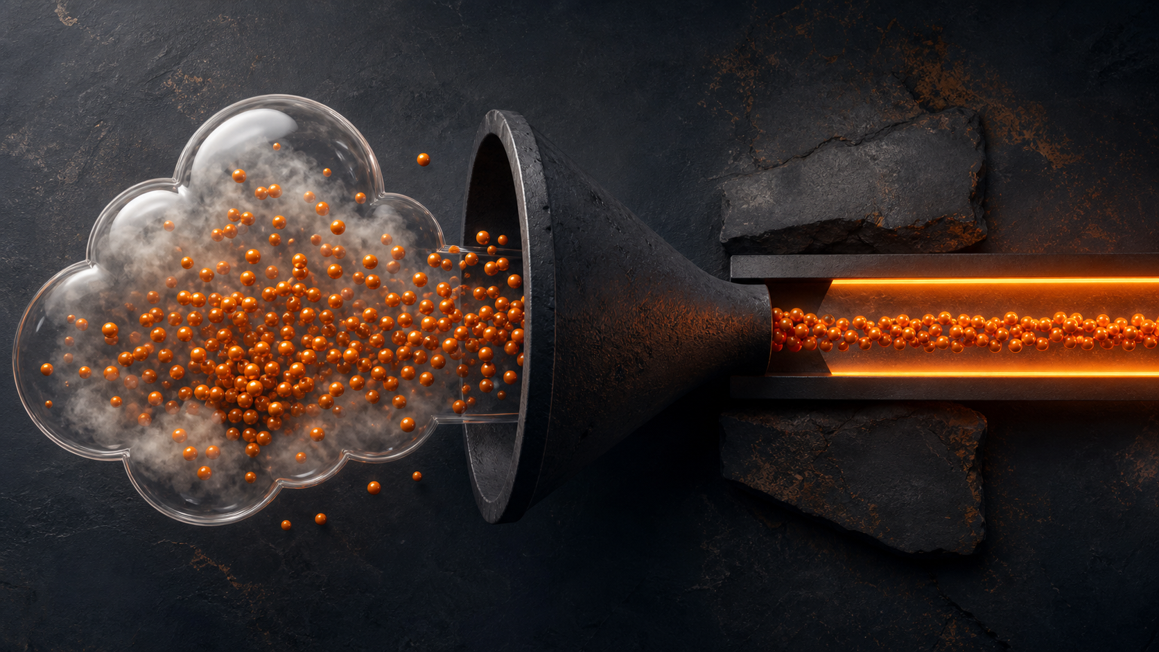 A glass probability cloud narrowing into a stable orange confidence band