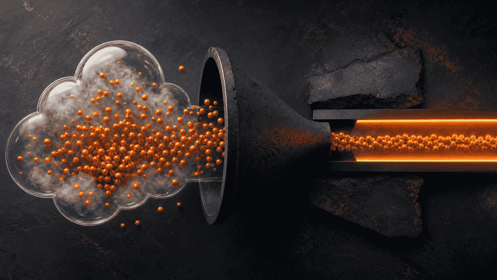 A glass probability cloud narrowing into a stable orange confidence band