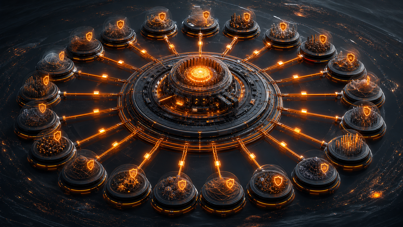 A multi-client control room represented by isolated glowing project capsules