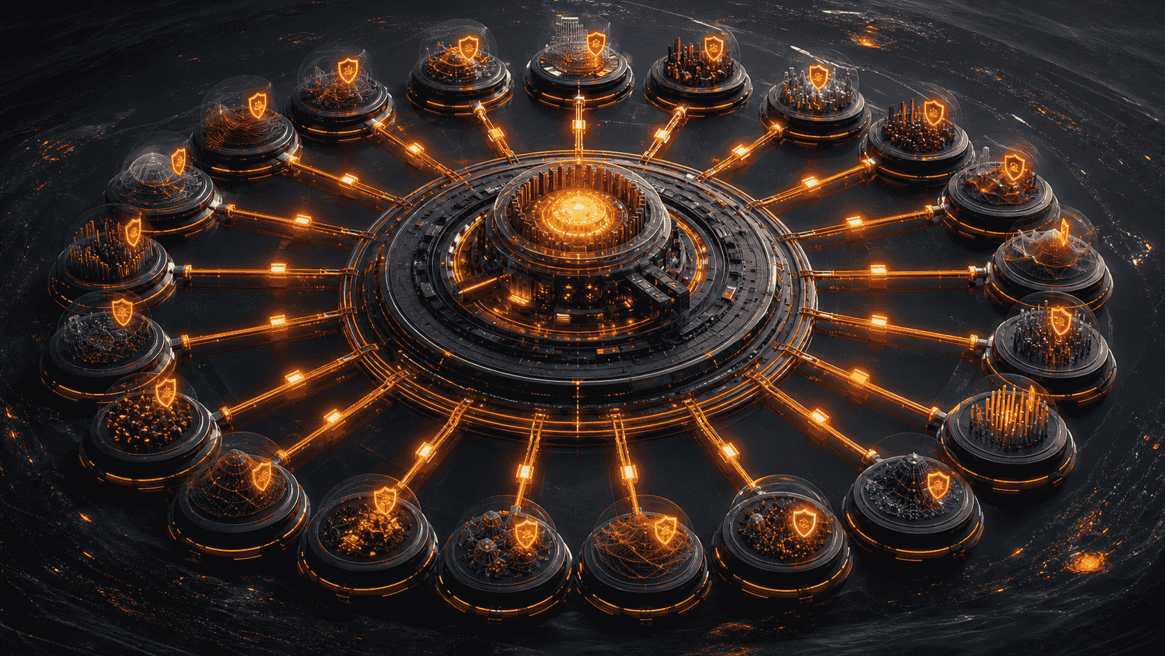 A multi-client control room represented by isolated glowing project capsules
