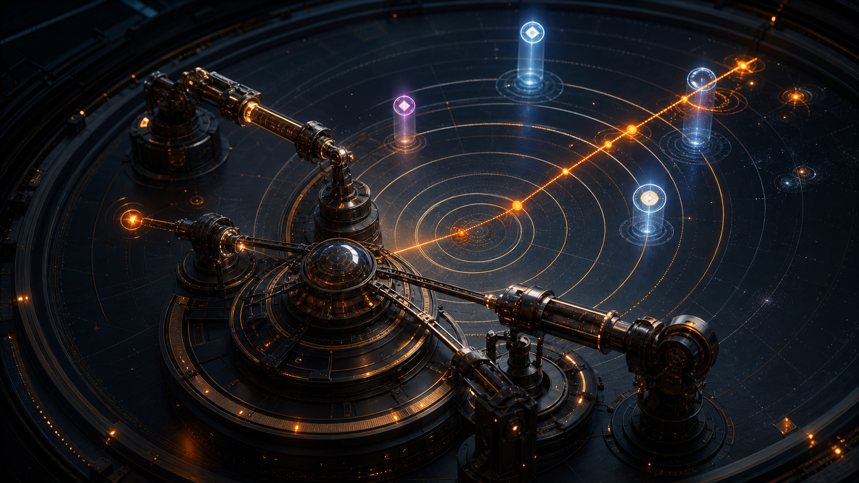 A physical signal observatory tracking an orange trajectory across multiple platform beacons