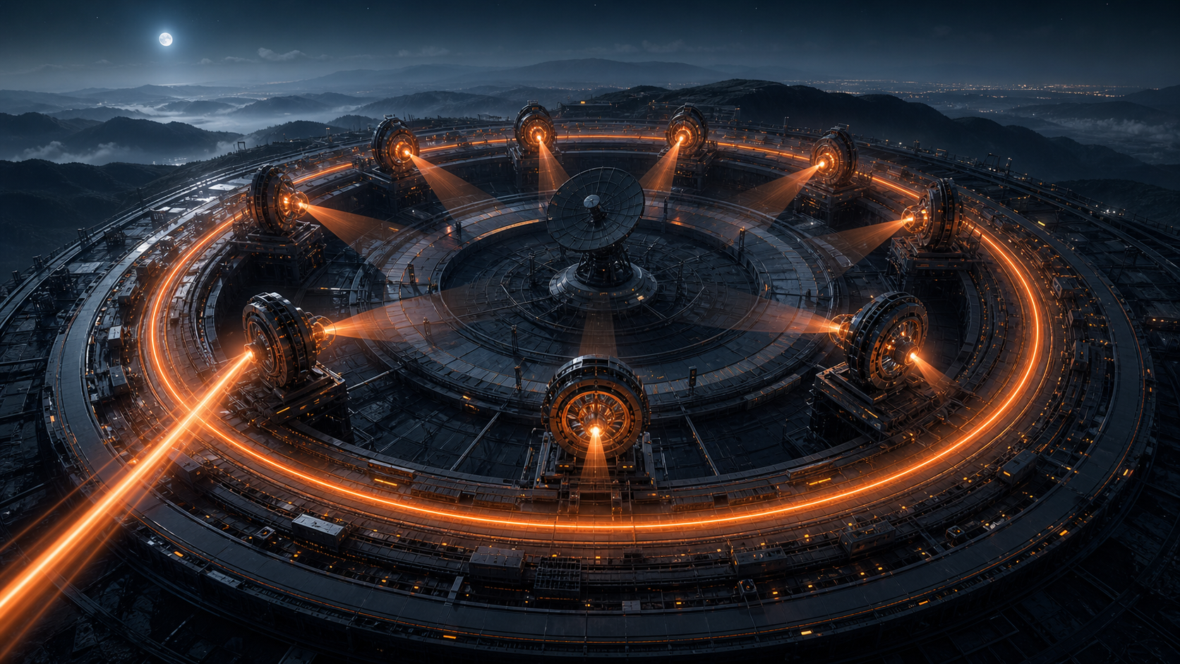 Circular AI visibility observatory repeatedly tracking an orange signal through multiple detection stations