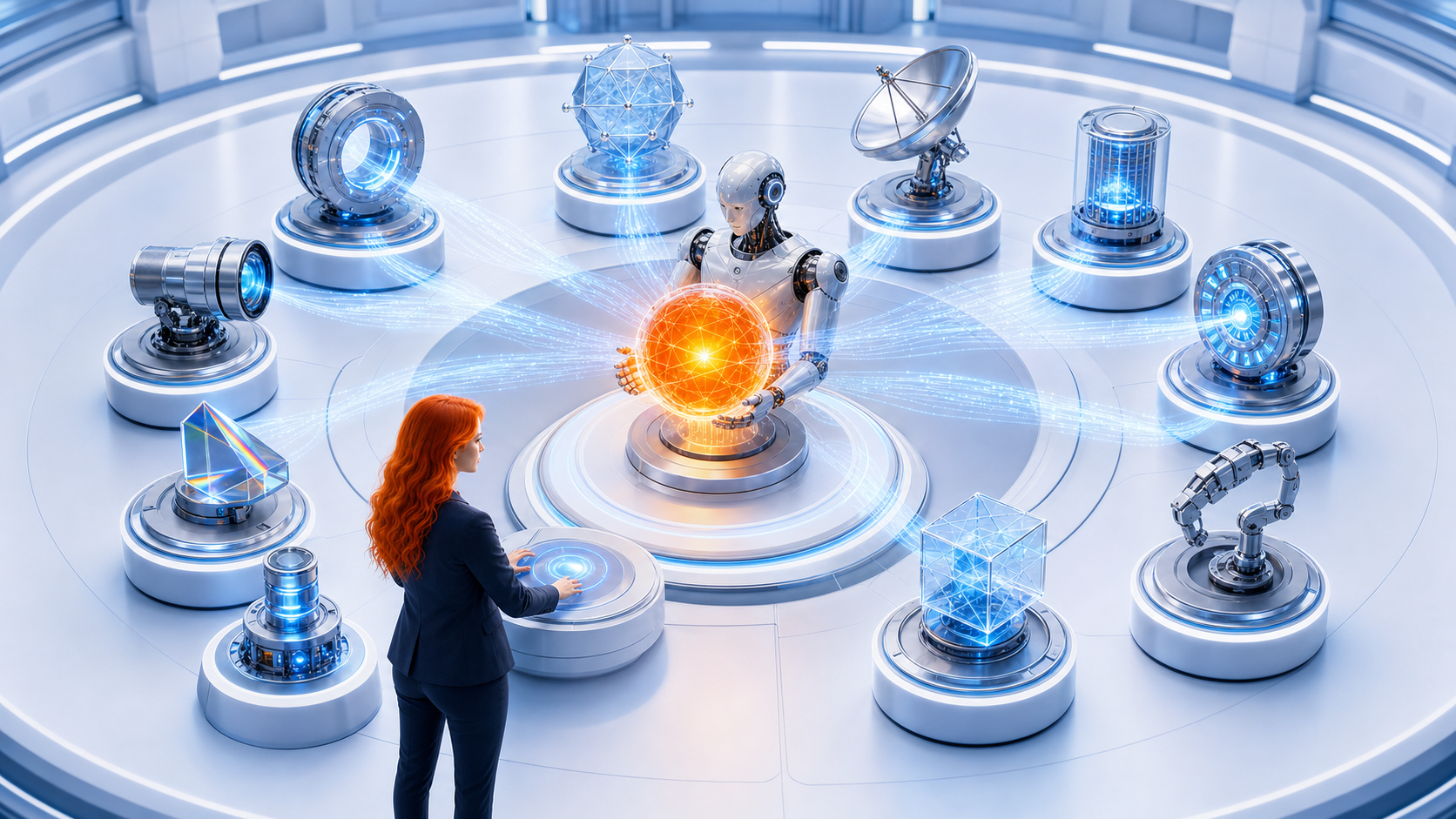 Ten precision lenses focusing scattered questions into one sharp orange answer signal