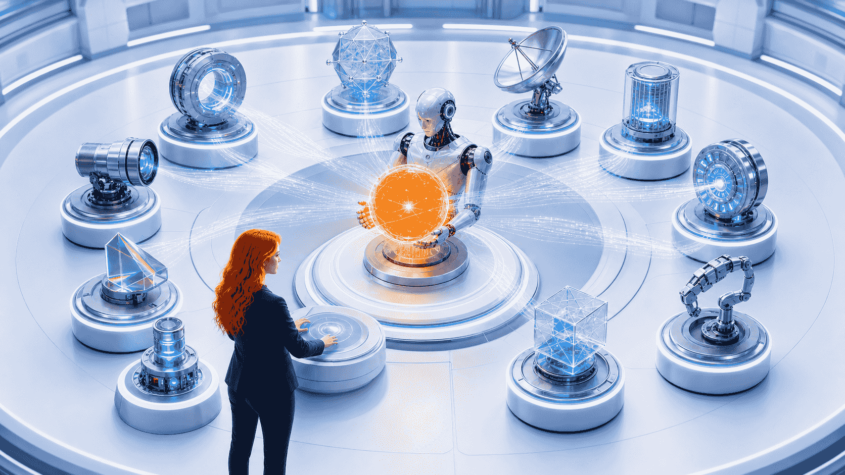 Ten precision lenses focusing scattered questions into one sharp orange answer signal