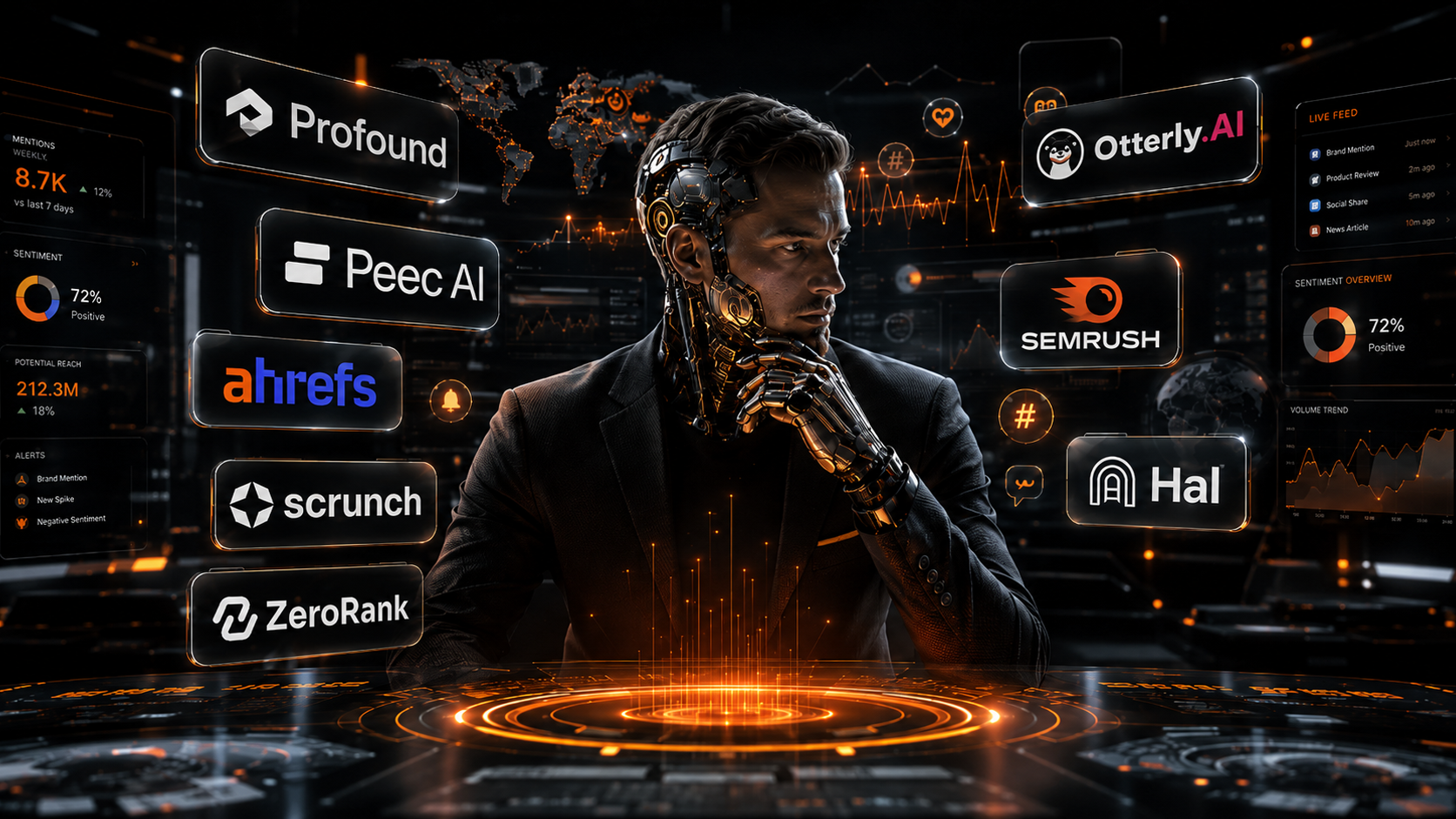 Analyst with a cybernetic arm at a dark monitoring console surrounded by AI tool panels for ZeroRank, Profound, Peec AI, Ahrefs, Scrunch, Otterly.AI, Semrush and Hall