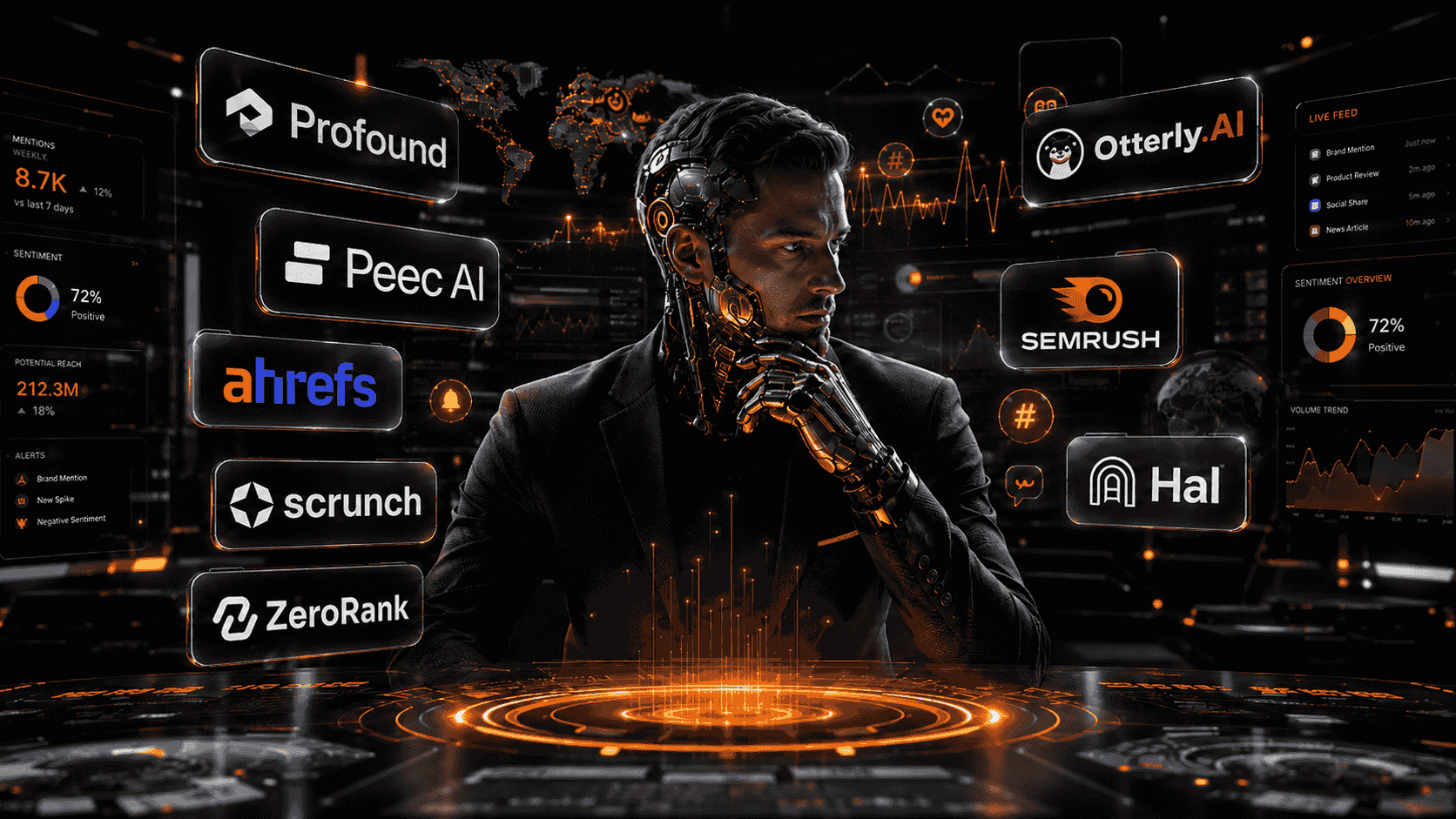 Analyst with a cybernetic arm at a dark monitoring console surrounded by AI tool panels for ZeroRank, Profound, Peec AI, Ahrefs, Scrunch, Otterly.AI, Semrush and Hall