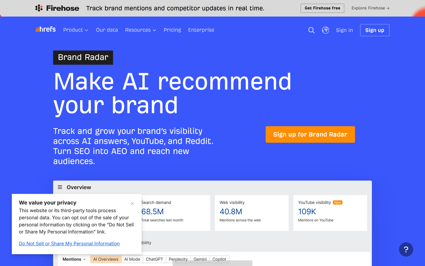 Ahrefs Brand Radar page