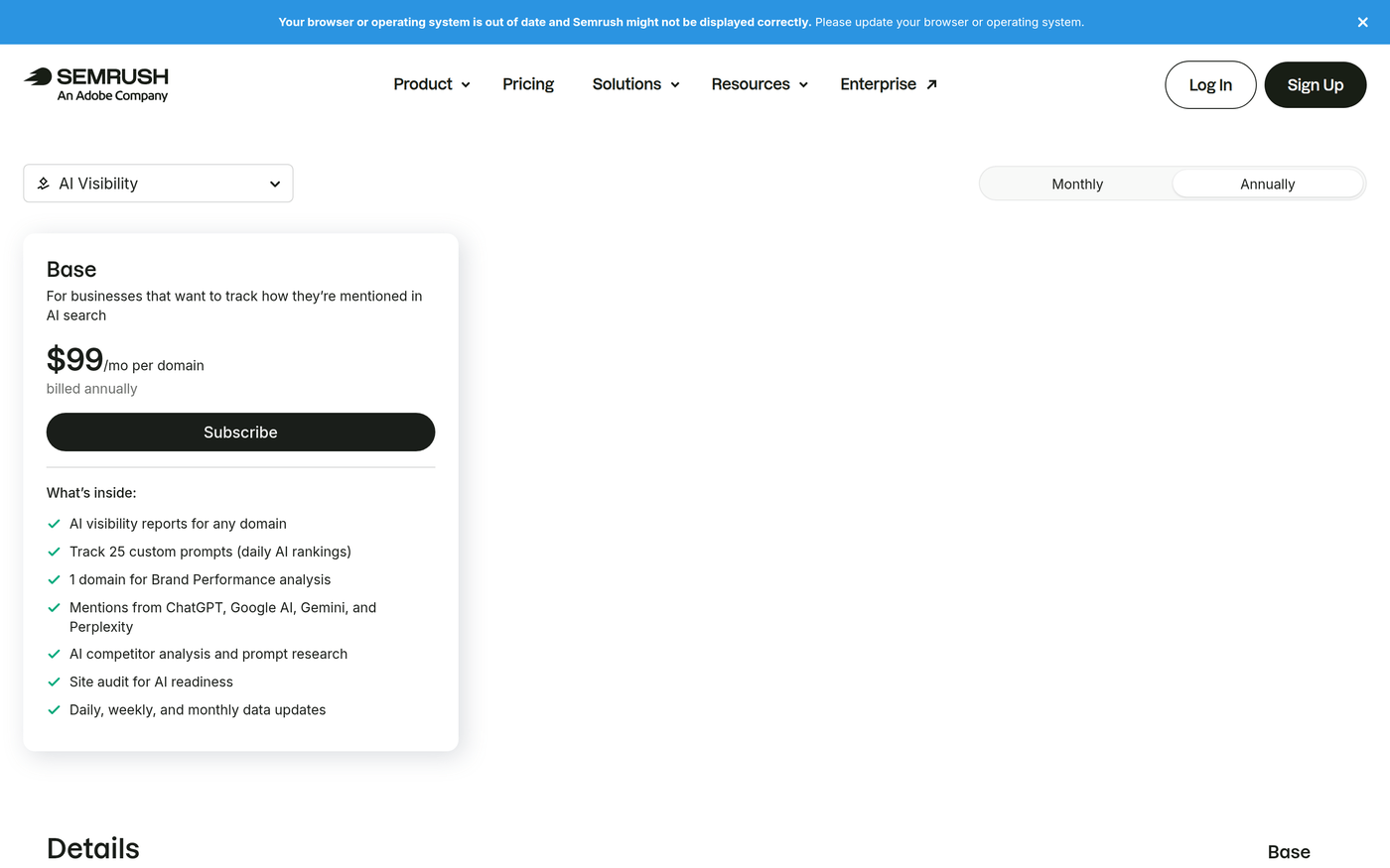 Semrush AI pricing page