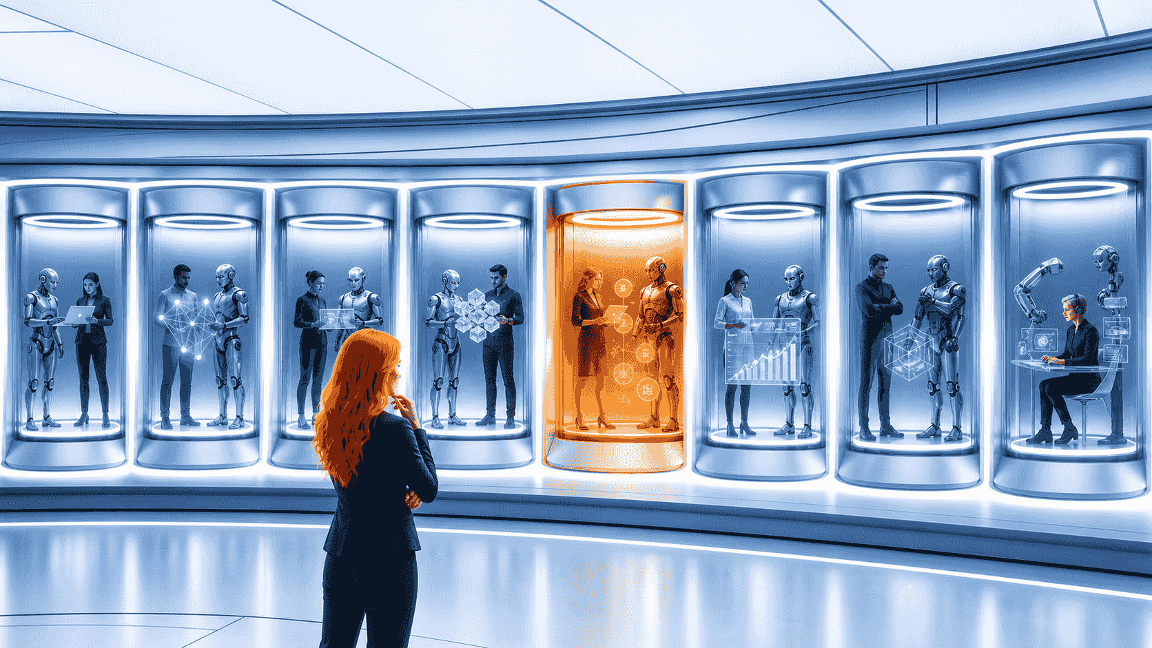 Eight distinct signal towers ranked by the strength of their orange AI visibility beams