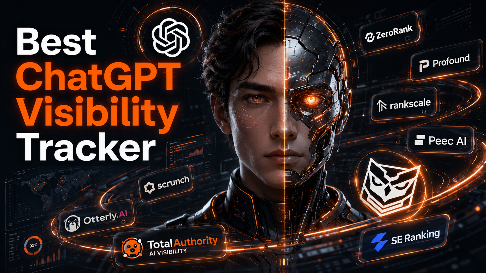 Analyst tracking ChatGPT brand ranking dashboards at a dark console with orange analytics panels for ZeroRank, Profound, Rankscale, Nightwatch and SE Ranking