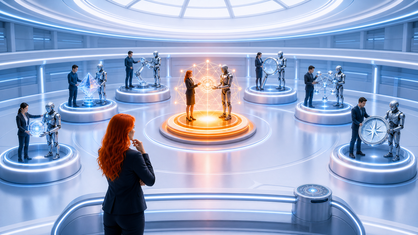 Seven sculptural navigation beacons competing to guide an orange signal through a generative search landscape