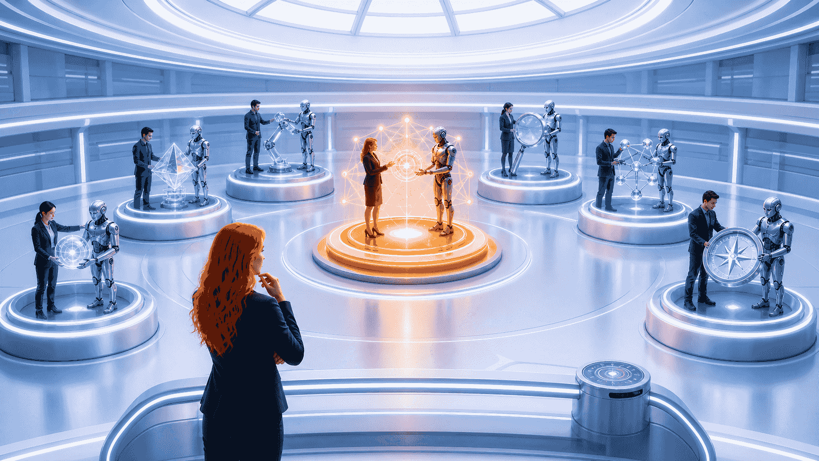 Seven sculptural navigation beacons competing to guide an orange signal through a generative search landscape