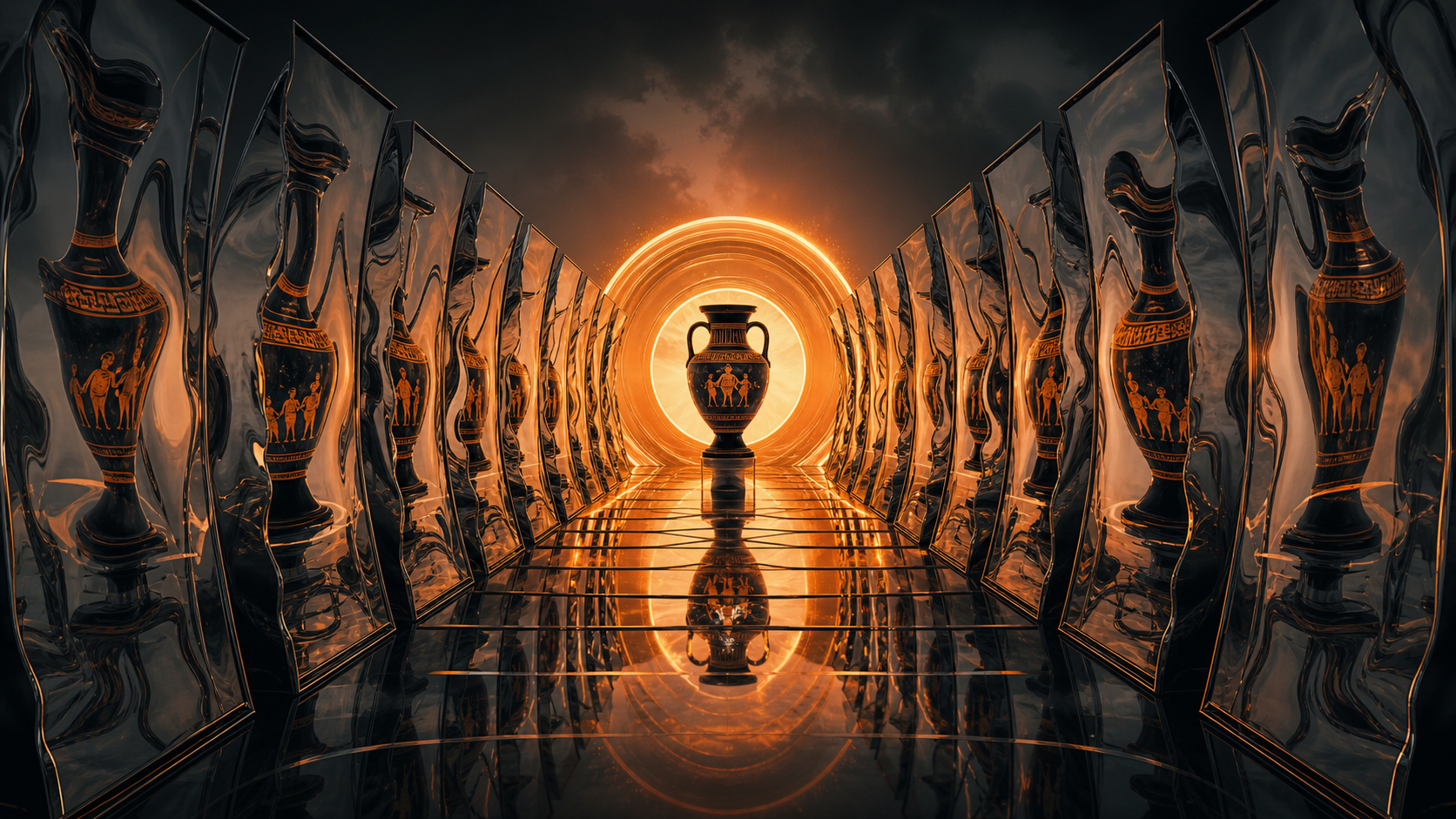 Duplicate mirrors converging through an orange canonical lens