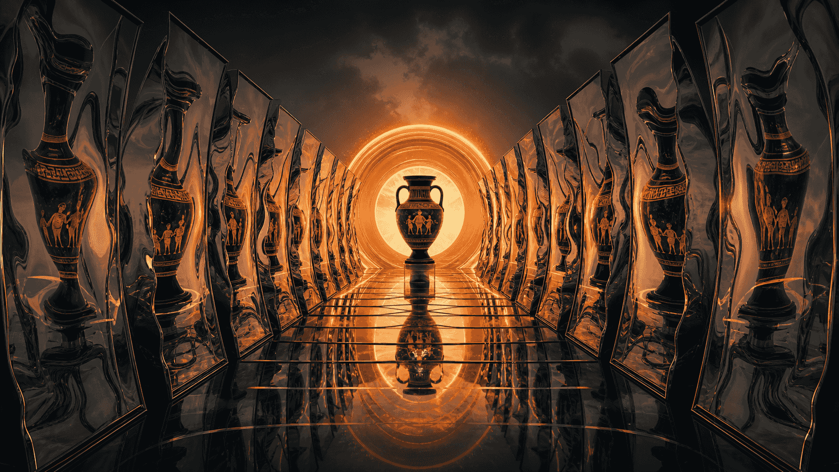 Duplicate mirrors converging through an orange canonical lens