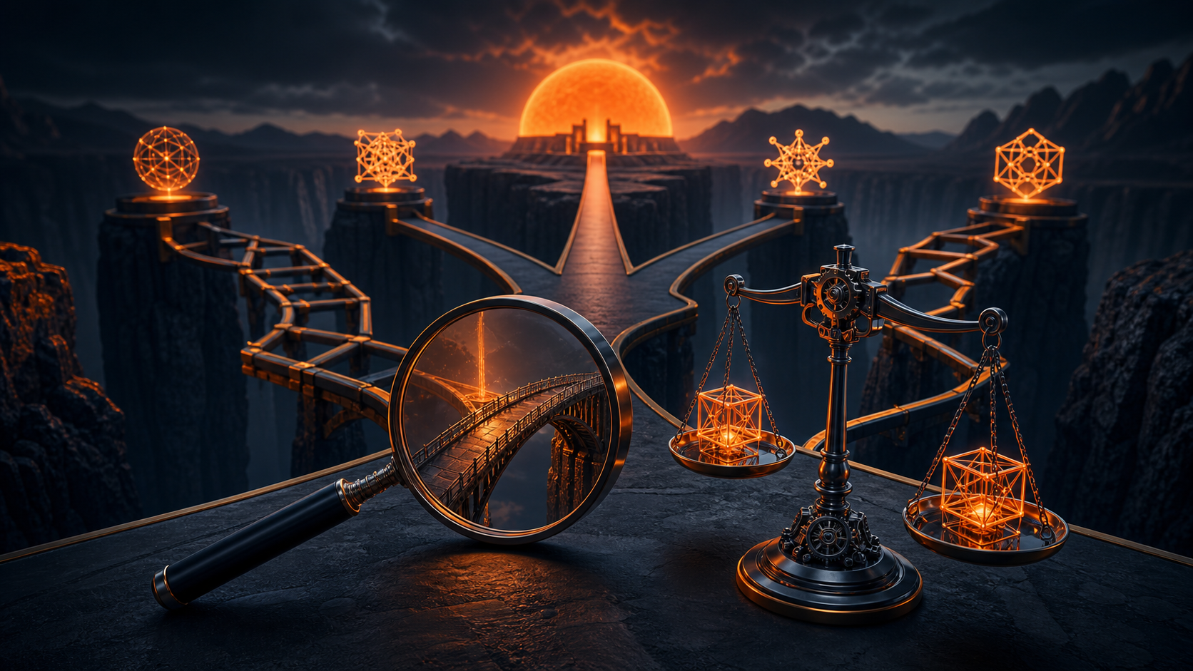 A magnifying lens and balanced scales revealing the strongest bridge across several agency paths