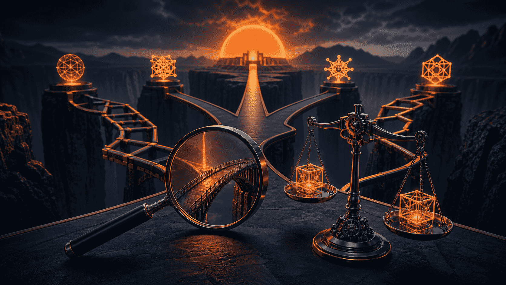 A magnifying lens and balanced scales revealing the strongest bridge across several agency paths