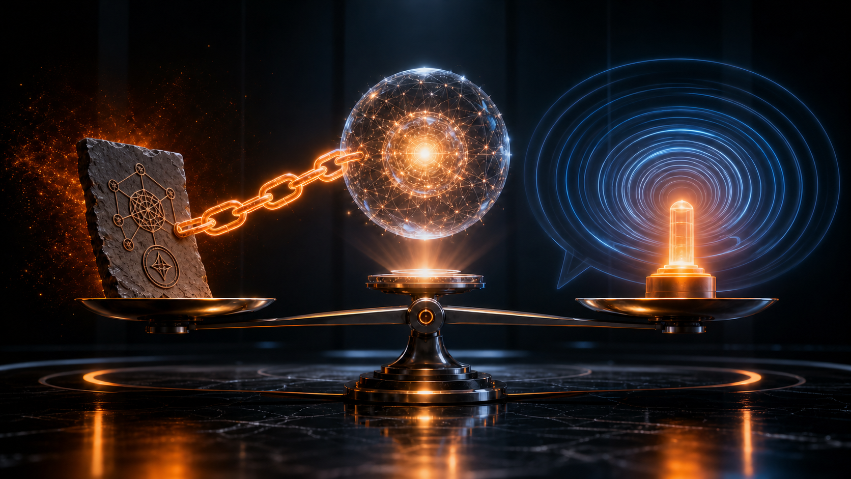 Balance comparing an orange source chain linked to an answer with an unlinked brand signal inside a speech wave