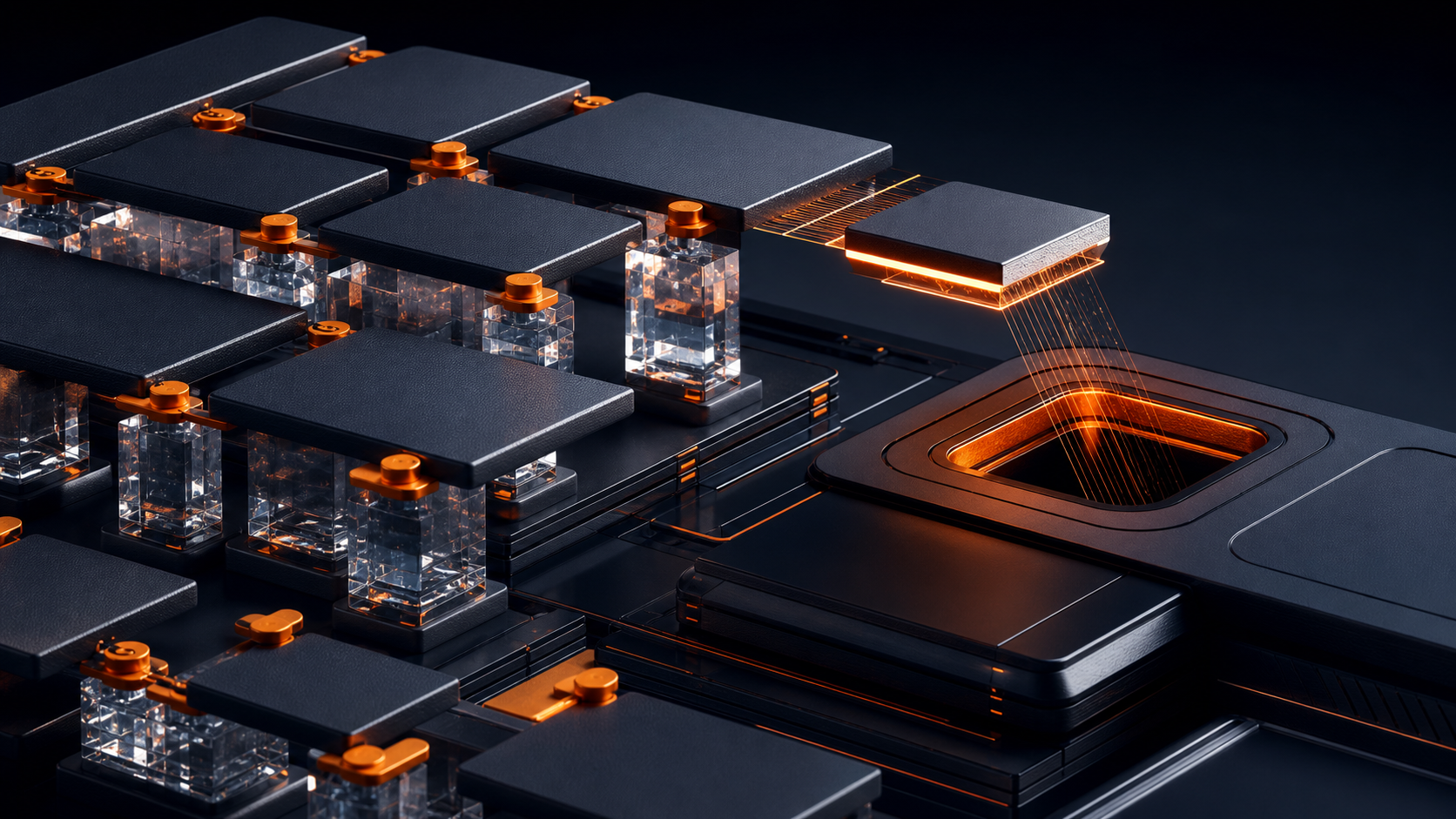 Blank evidence modules anchored to transparent source crystals and lifted toward an answer aperture