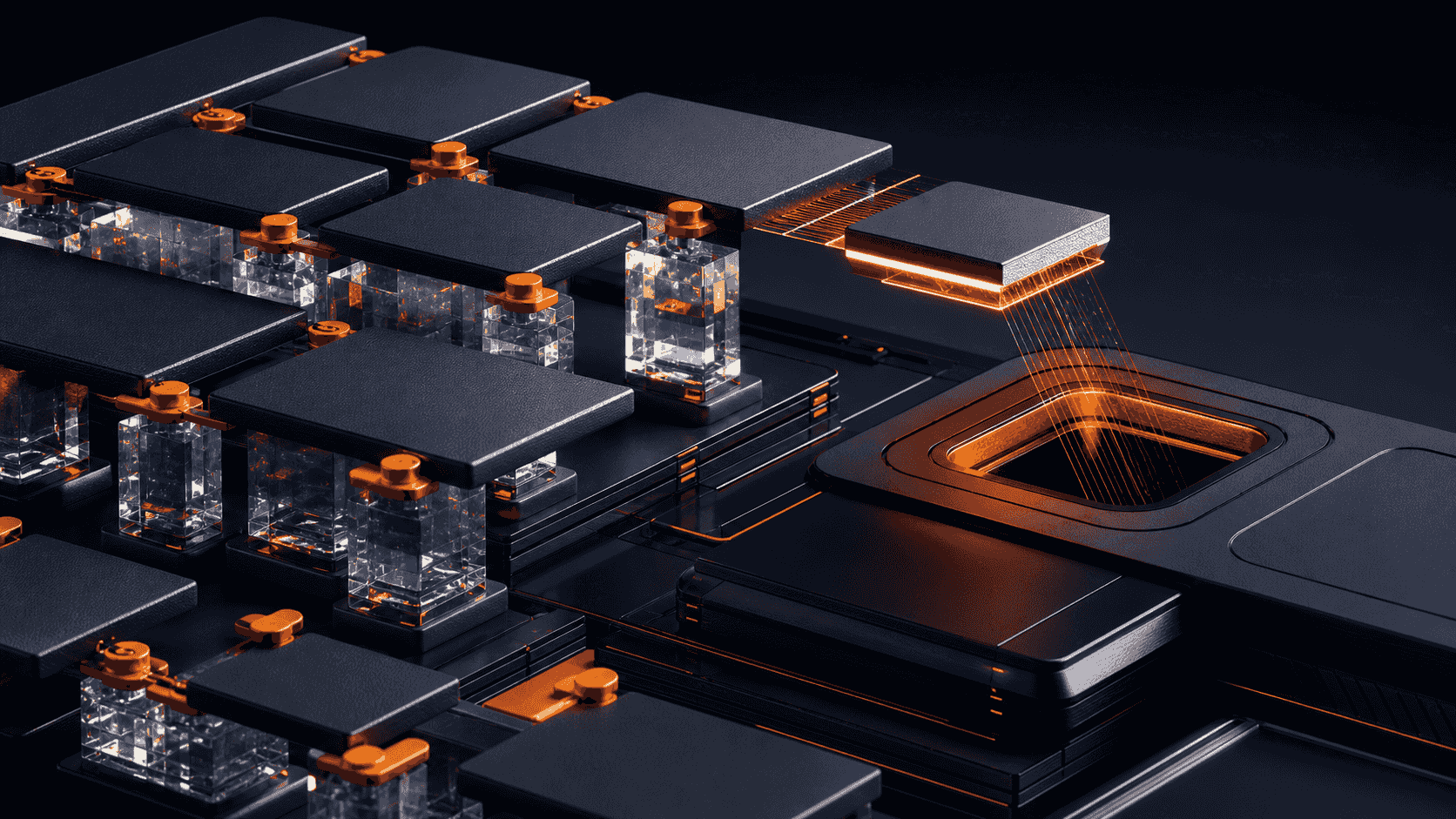 Blank evidence modules anchored to transparent source crystals and lifted toward an answer aperture