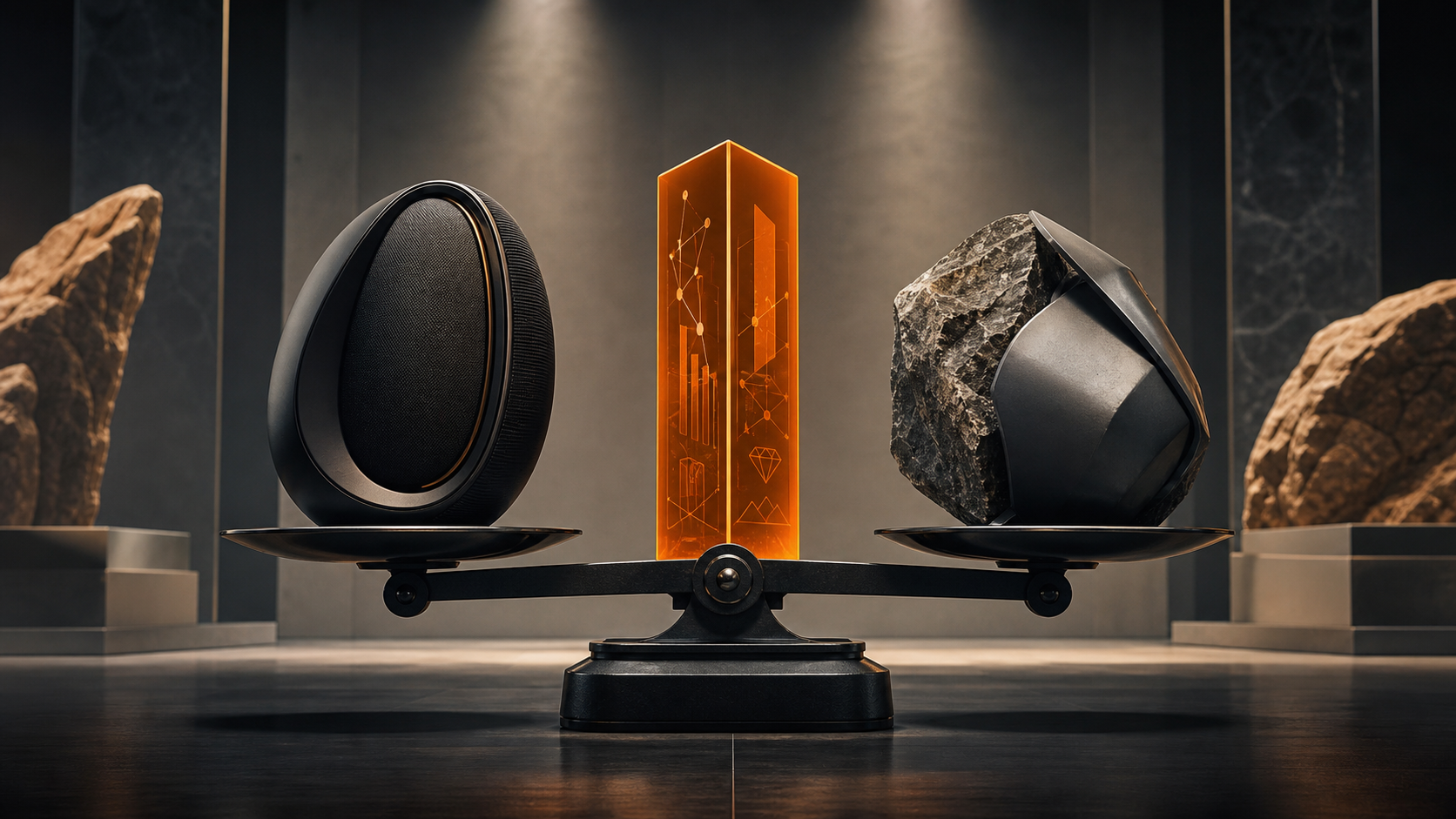 Two contrasting product sculptures balanced by an orange evidence prism