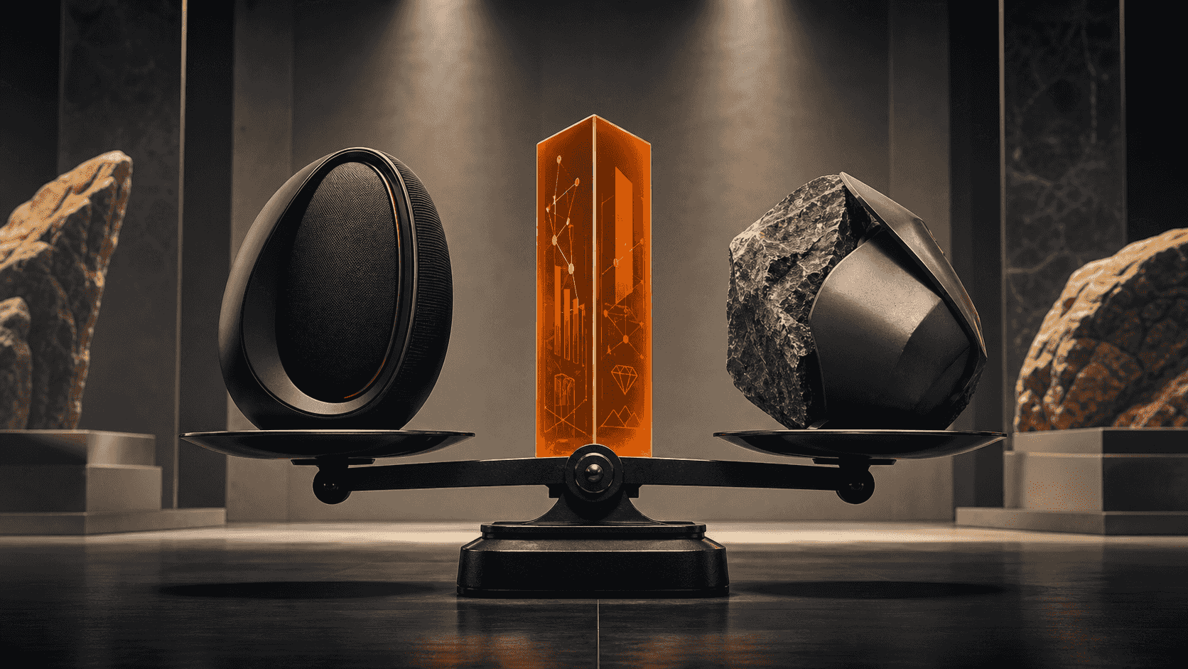 Two contrasting product sculptures balanced by an orange evidence prism
