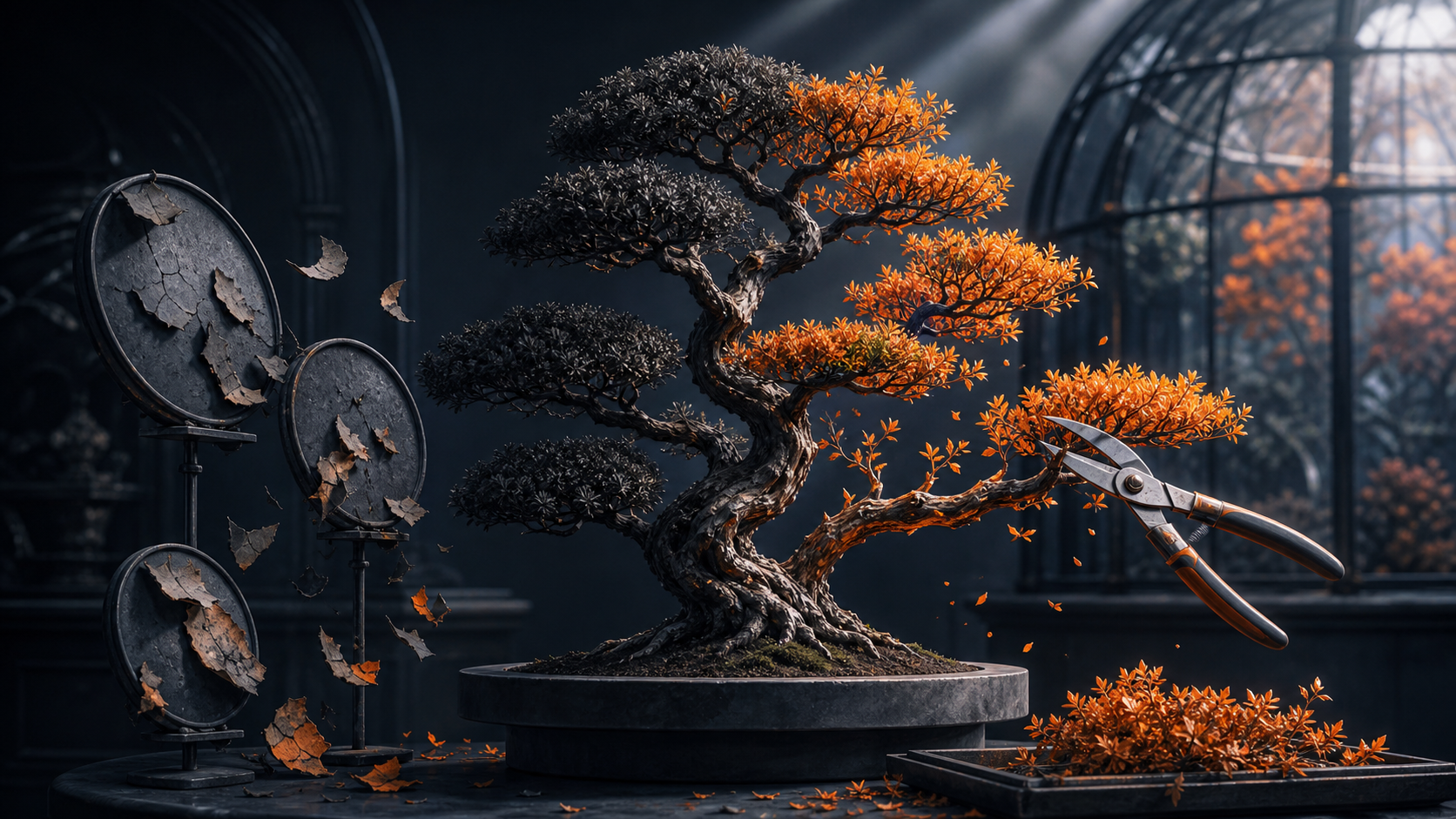 A living source tree being carefully refreshed while cosmetic date plaques peel away