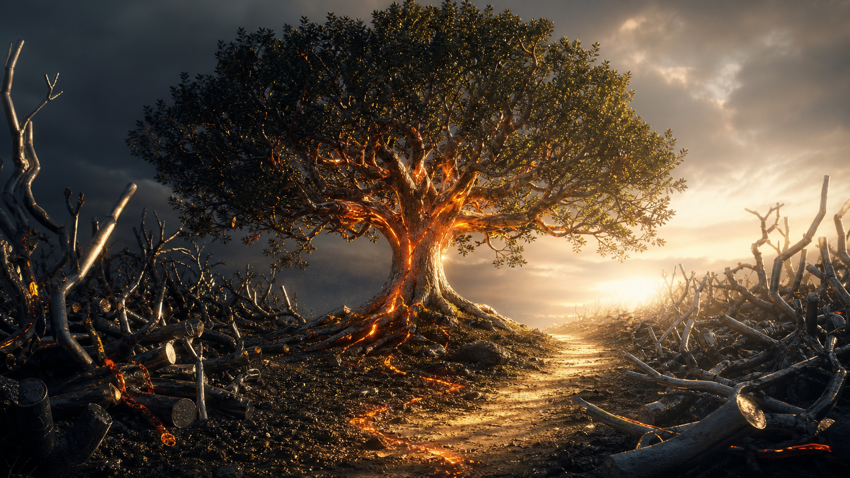 A dark editorial garden pruned into one strong orange evidence tree