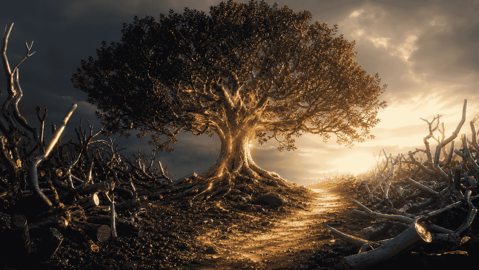 A dark editorial garden pruned into one strong orange evidence tree