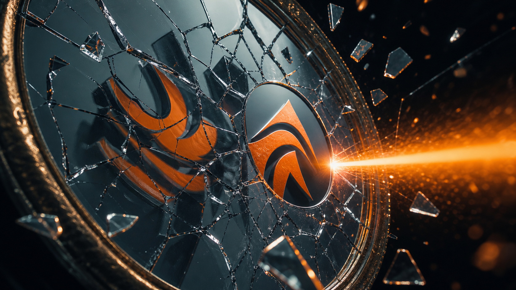 A cracked false reflection repaired by an orange truth beam