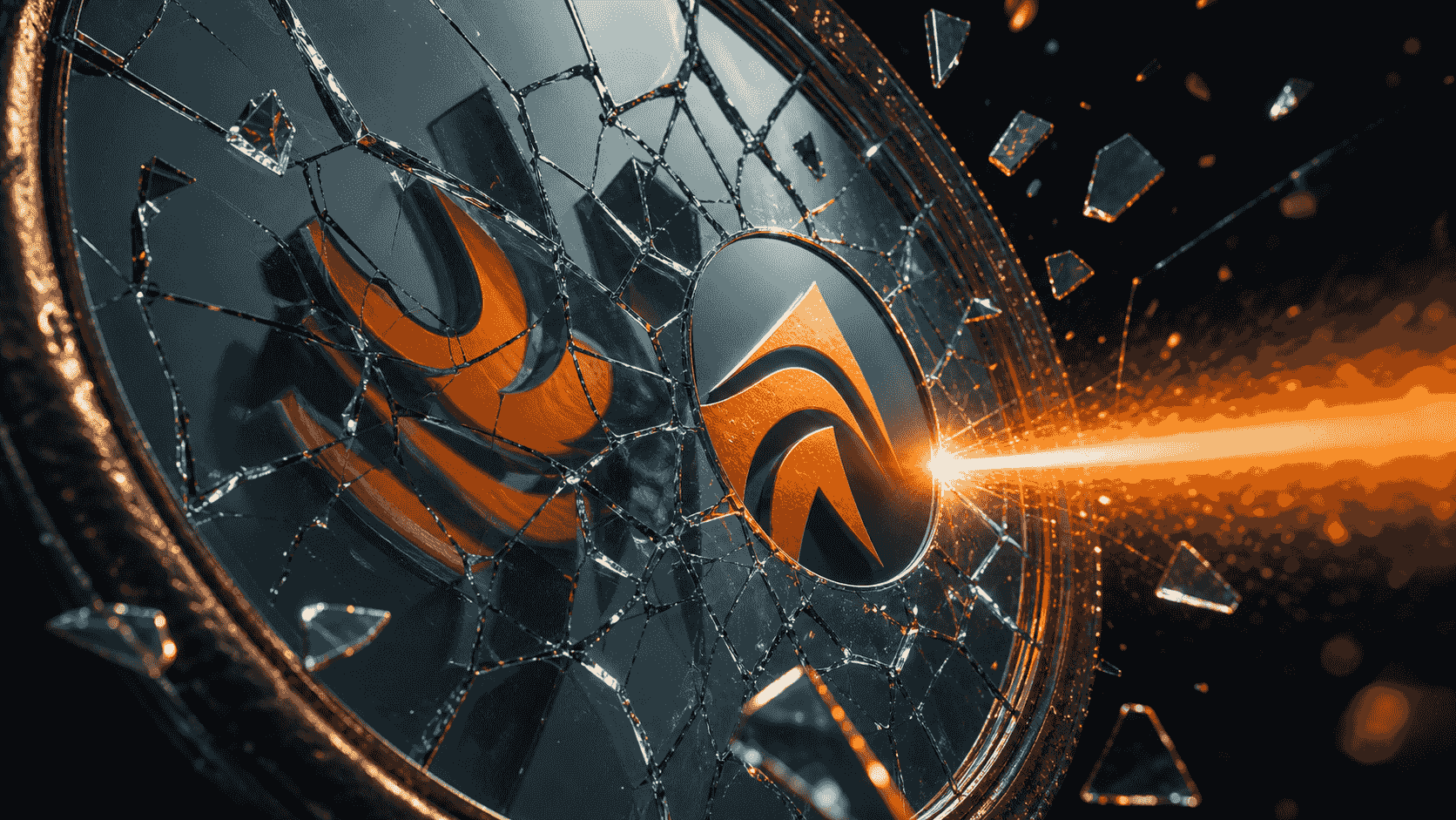 A cracked false reflection repaired by an orange truth beam