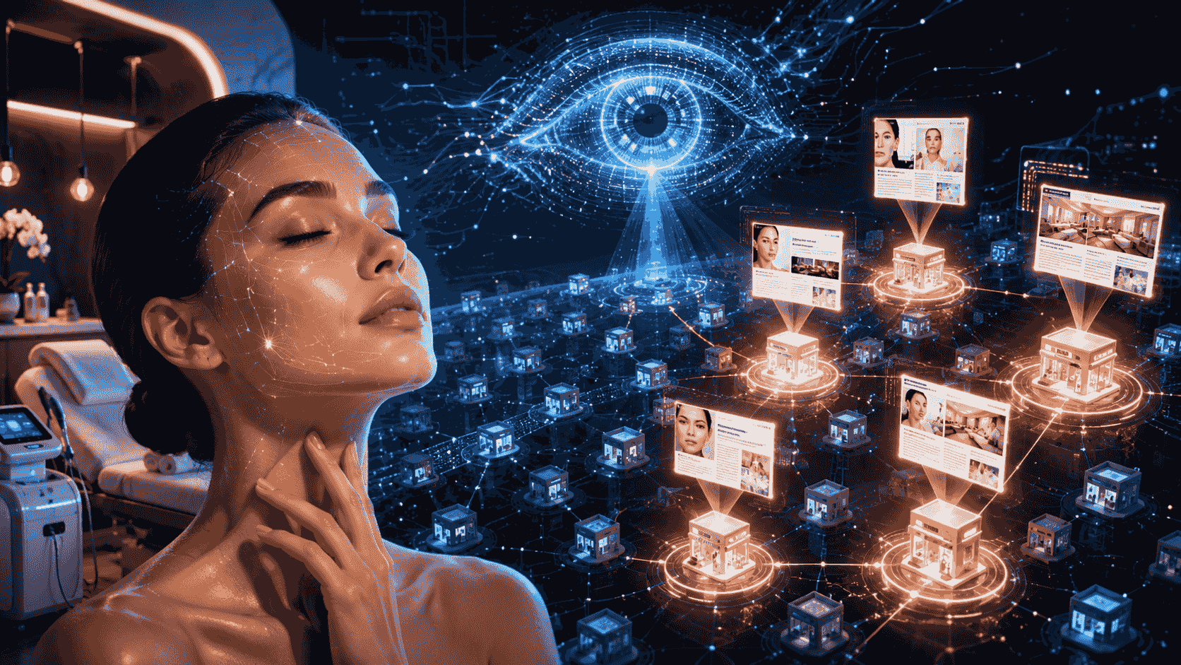An AI eye scanning a glowing network of med spa storefronts, each linked to media articles, above a med spa treatment room