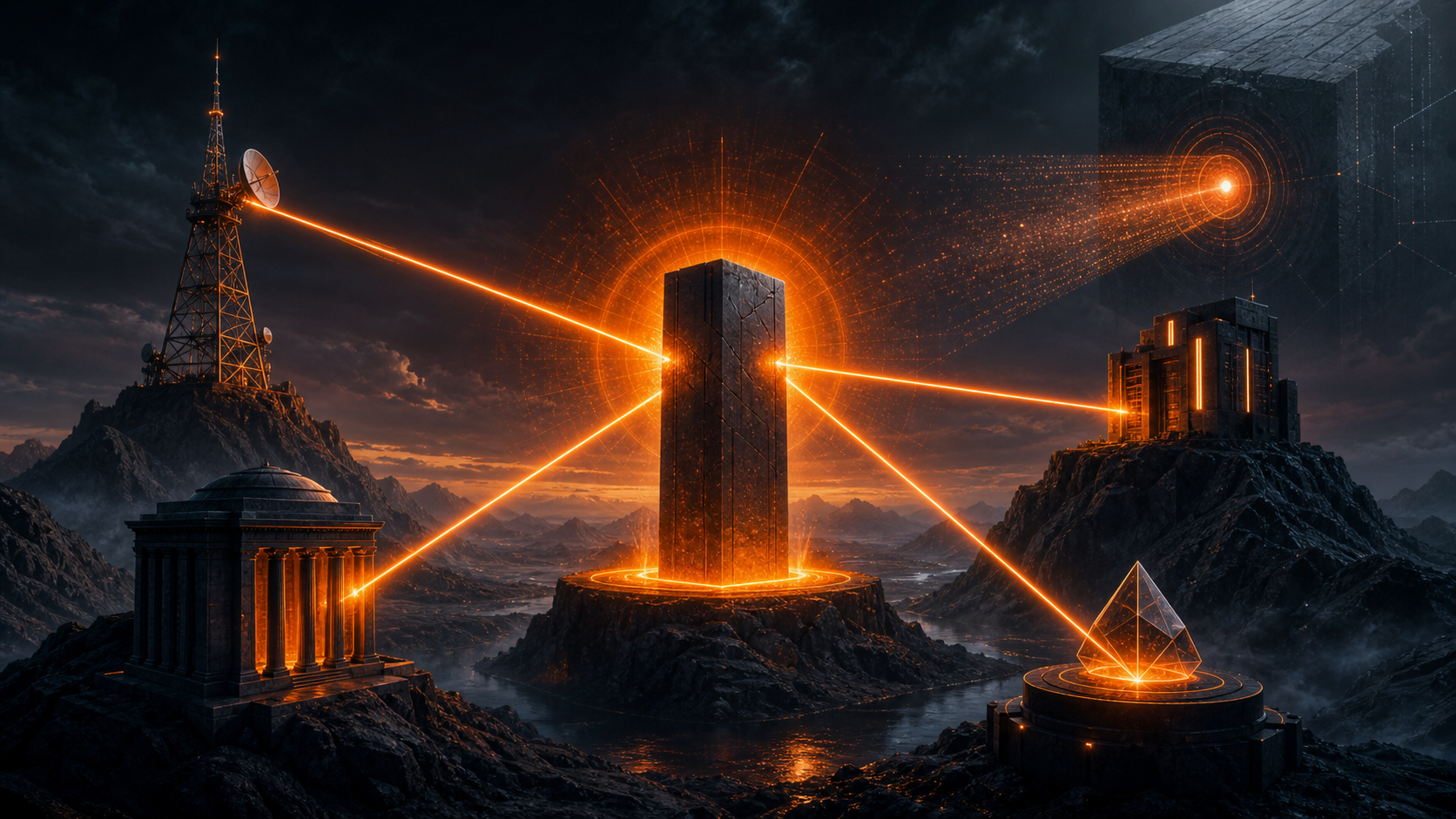 Independent publisher towers projecting corroborating beams into a central brand monolith