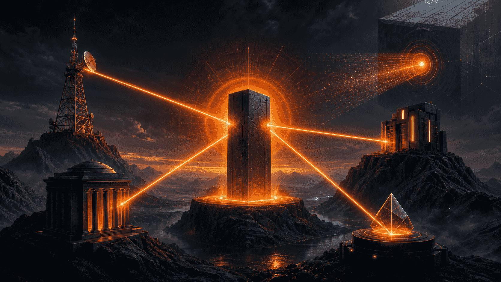 Independent publisher towers projecting corroborating beams into a central brand monolith