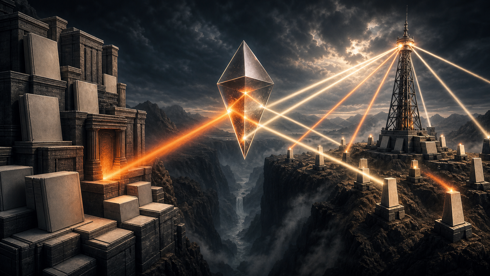 Owned archive and independent media tower feeding evidence into an orange answer prism