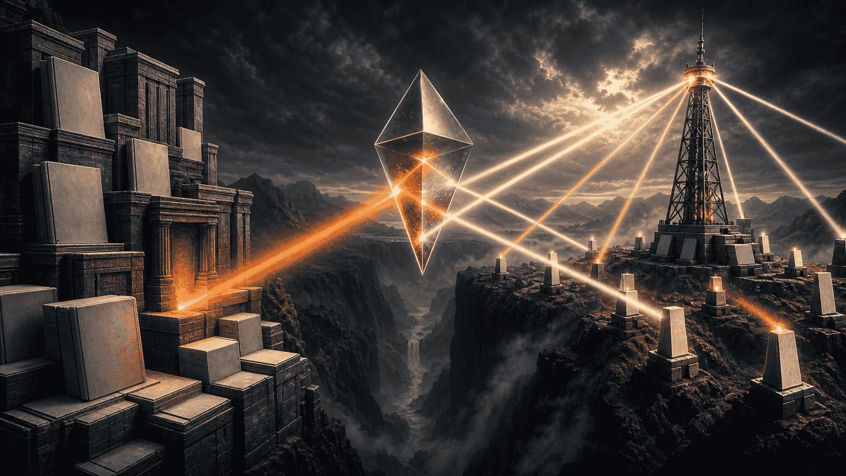 Owned archive and independent media tower feeding evidence into an orange answer prism