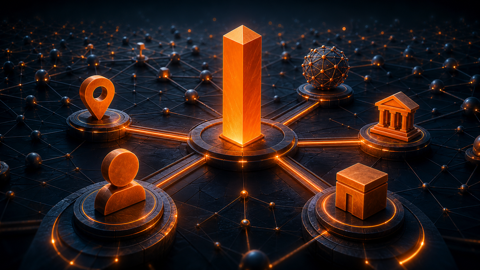 An orange brand monolith connected to person, place, organization and topic nodes in a knowledge graph