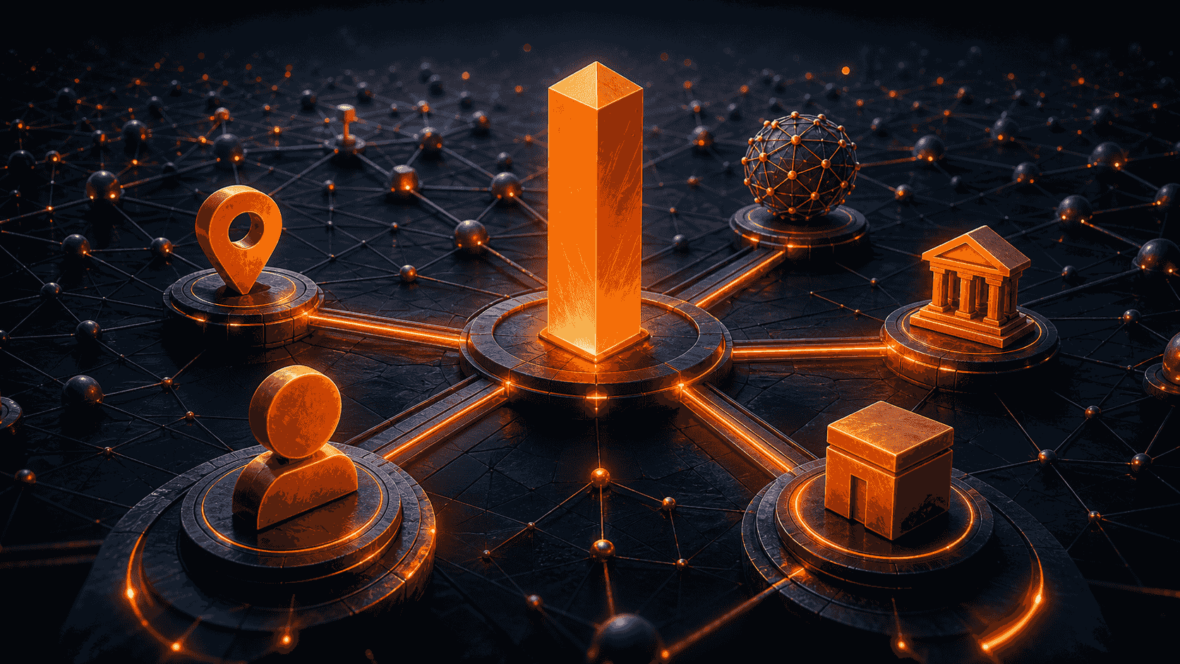 An orange brand monolith connected to person, place, organization and topic nodes in a knowledge graph