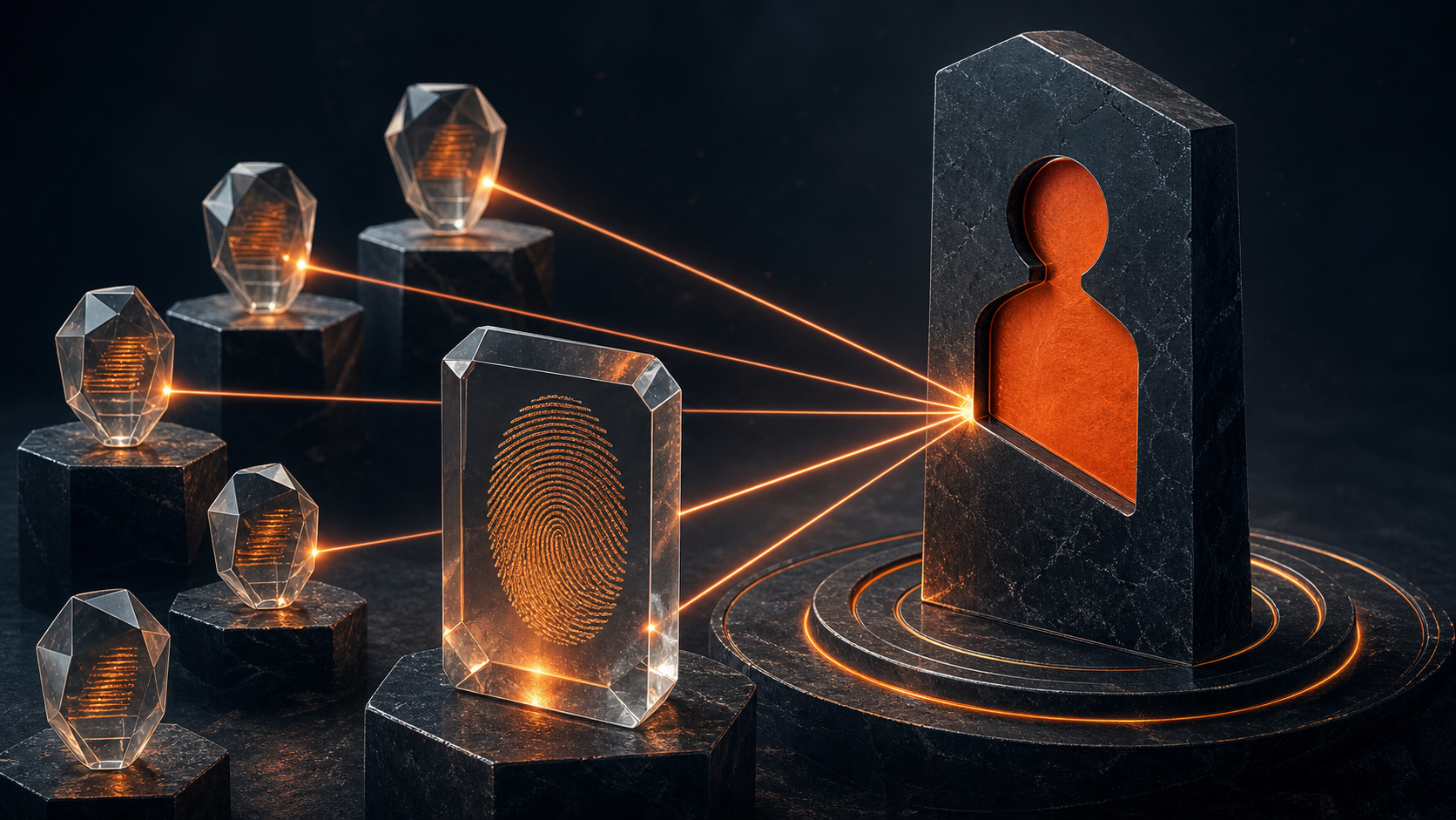 A sculptural expert fingerprint pressed into a transparent evidence prism