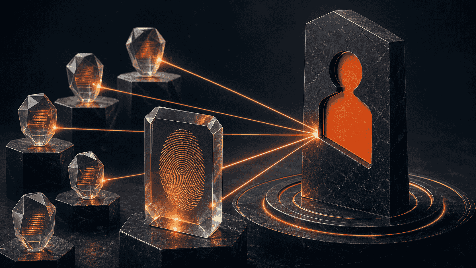 A sculptural expert fingerprint pressed into a transparent evidence prism